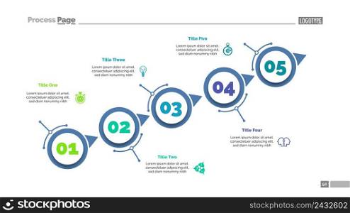 Process chart with five elements. Step diagram, graph, layout. Creative concept for infographics, presentation, project, report. Can be used for topics like business, management, startup