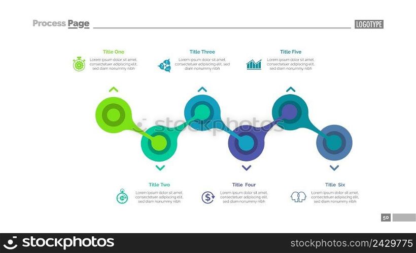 Process chart with six elements. Flow diagram, graph, layout. Creative concept for infographics, presentation, project, report. Can be used for topics like business, strategy, startup