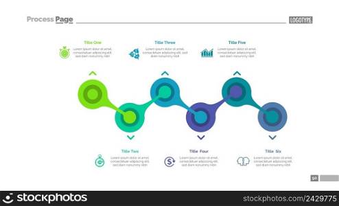 Process chart with six elements. Flow diagram, graph, layout. Creative concept for infographics, presentation, project, report. Can be used for topics like business, strategy, startup