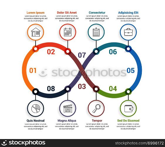 Process diagram with eight steps, infinity shape, workflow, steps, options, vector eps10 illustration. Infinity Infographics