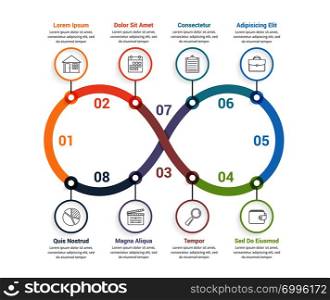 Process diagram with eight steps, infinity shape, workflow, steps, options, vector eps10 illustration. Infinity Infographics