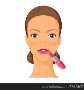 Process of applying lipstick to face. Illustration of beautiful woman with make up. Beauty and fashion image.. Process of applying lipstick to face. Illustration of beautiful woman with make up.