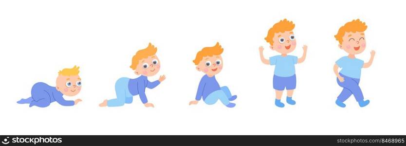Process of cartoon child growth from little baby to boy. Drawings of human physical development, vector illustrations set. isolated on white background. Childhood, infancy, age concept