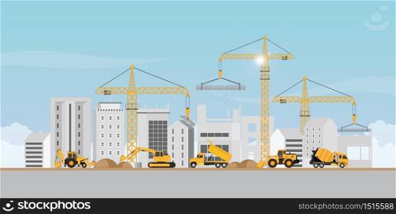 Process of construction of big building dormitory area.Under construction Building work process with construction machines. Vector illustration.