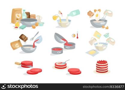 Process of cooking cake or pie cartoon illustration set. Adding ingredients in bowl step by step, mixing eggs, flour, sugar with blender, preparing dough, baking sweet dessert. Preparation concept