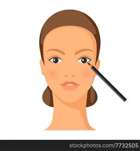Process of drawing eyeliner to eye. Illustration of beautiful woman with make up. Beauty and fashion image.. Process of drawing eyeliner to eye. Illustration of beautiful woman with make up.