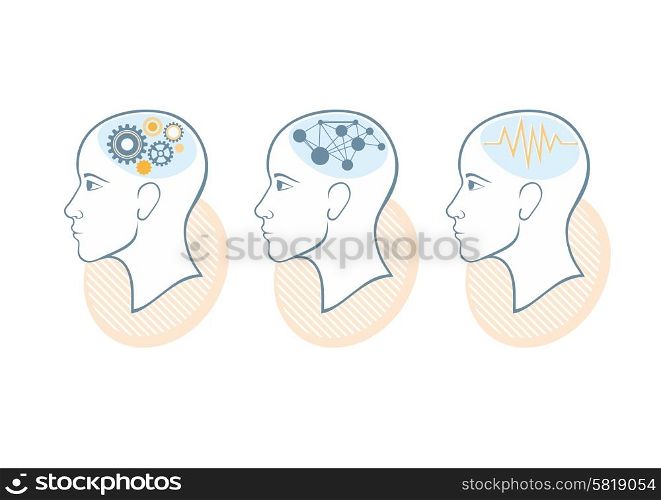 Process of human thinking. Set of silhouette of head, and brain. The concept of intelligence