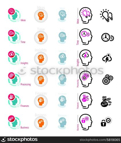 Process of human thinking. Set of silhouette of head, and brain. The concept of intelligence. Idea, business, time, insight, processing, finance