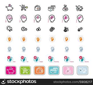 Process of human thinking. Set of silhouette of head, and brain. The concept of intelligence. Idea, business, time, insight, processing, finance. Money icons on white background