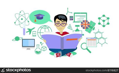 Process of learning icon flat design. Knowledge and education, school book, university study, science and information, student training, learn, and development illustration