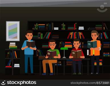 Process of reading books in educational library by four boys. Vector illustration of two sitting and two standing young male people that get to know some information from books near bookshelf. Process of Reading Books in Educational Library