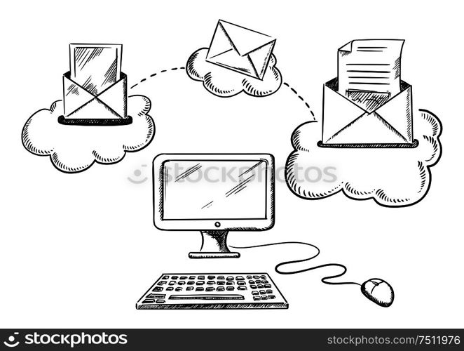 Process of sending e-mail by desktop computer with monitor, mouse and keyboard, sent and received letters on clouds above, outline sketch style. Process of sending e-mal with computer