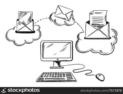 Process of sending e-mail by desktop computer with monitor, mouse and keyboard, sent and received letters on clouds above, outline sketch style. Process of sending e-mal with computer