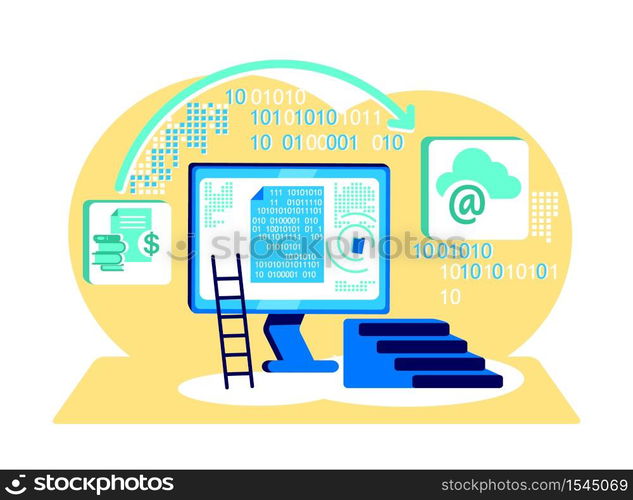 Processing binary code flat concept vector illustration. Infortmation technology. Data storage. Computing 2D cartoon illustration for web design. Digital transformation creative idea. Processing binary code flat concept vector illustration