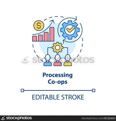 Processing co-ops concept icon. Collective ownership of operating equipment abstract idea thin line illustration. Isolated outline drawing. Editable stroke. Arial, Myriad Pro-Bold fonts used. Processing co-ops concept icon
