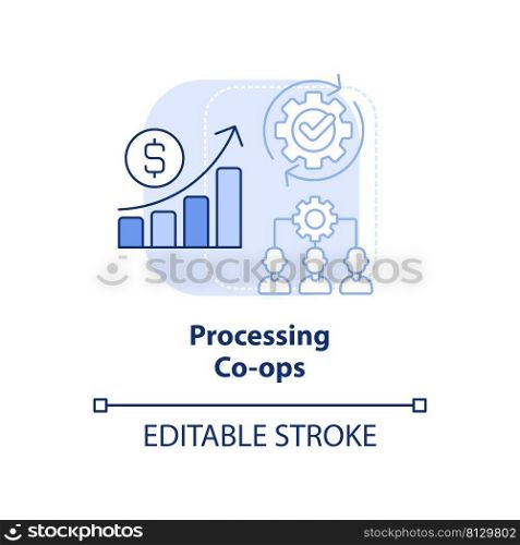 Processing co-ops light blue concept icon. Collective ownership of equipment abstract idea thin line illustration. Isolated outline drawing. Editable stroke. Arial, Myriad Pro-Bold fonts used. Processing co-ops light blue concept icon