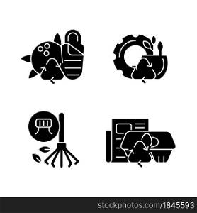 Processing recycled material black glyph icons set on white space. Sustainable camping gear. Rubber pots. Rakes from bottle caps. Paper egg box. Silhouette symbols. Vector isolated illustration. Processing recycled material black glyph icons set on white space