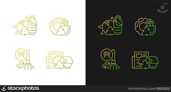 Processing recycled material gradient icons set for dark and light mode. Sustainable camping gear. Thin line contour symbols bundle. Isolated vector outline illustrations collection on black and white. Processing recycled material gradient icons set for dark and light mode