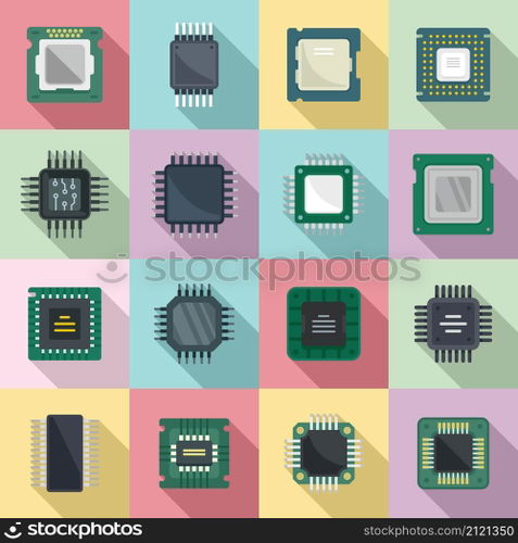 Processor icons set flat vector. Central computer card. Electronic chip. Processor icons set flat vector. Central computer card