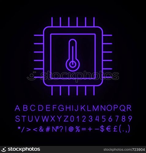 Processor temperature neon light icon. Core temp. CPU overheating. Chip, microchip, chipset. Heating integrated circuit with thermometer. Glowing alphabet, numbers. Vector isolated illustration. Processor temperature neon light icon