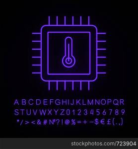 Processor temperature neon light icon. Core temp. CPU overheating. Chip, microchip, chipset. Heating integrated circuit with thermometer. Glowing alphabet, numbers. Vector isolated illustration. Processor temperature neon light icon