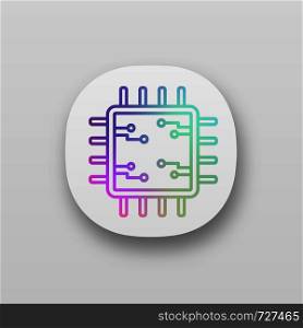 Processor with electronic circuits app icon. UI/UX interface. Microprocessor with microcircuits. Chip, microchip, chipset. CPU. Central processing. Integrated circuit. Vector isolated illustration. Processor with electronic circuits app icon