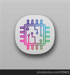 Processor with electronic circuits app icon. UI/UX interface. Microprocessor with microcircuits. Chip, microchip, chipset. CPU. Central processing. Integrated circuit. Vector isolated illustration. Processor with electronic circuits app icon