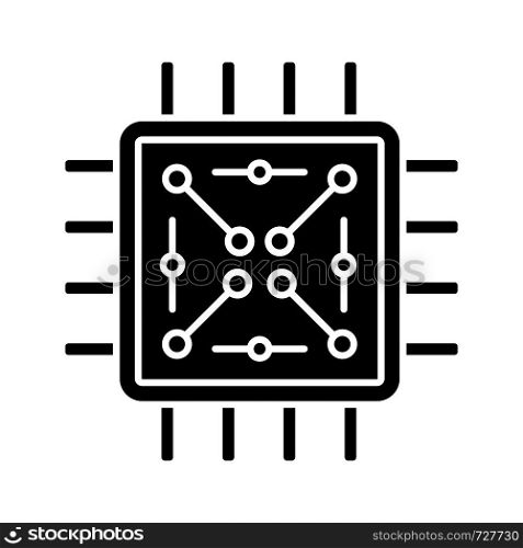 Processor with electronic circuits glyph icon. Microprocessor with microcircuits. Chip, microchip, chipset. CPU. Integrated circuit. Silhouette symbol. Negative space. Vector isolated illustration. Processor with electronic circuits glyph icon