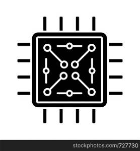 Processor with electronic circuits glyph icon. Microprocessor with microcircuits. Chip, microchip, chipset. CPU. Integrated circuit. Silhouette symbol. Negative space. Vector isolated illustration. Processor with electronic circuits glyph icon