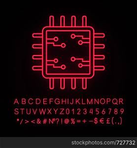 Processor with electronic circuits neon light icon. Microprocessor with microcircuits. Chip, chipset. CPU. Integrated circuit. Glowing alphabet, numbers. Vector isolated illustration. Processor with electronic circuits neon light icon