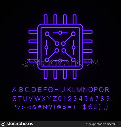 Processor with electronic circuits neon light icon. Microprocessor with microcircuits. Chip, microchip, chipset. CPU. Integrated circuit. Glowing alphabet, numbers. Vector isolated illustration. Processor with electronic circuits neon light icon