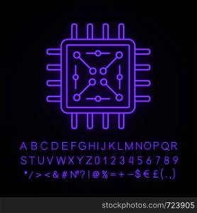 Processor with electronic circuits neon light icon. Microprocessor with microcircuits. Chip, microchip, chipset. CPU. Integrated circuit. Glowing alphabet, numbers. Vector isolated illustration. Processor with electronic circuits neon light icon