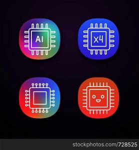 Processors app icons set. Chip, integrated circuit for ai system, smiling microprocessor, quad core processor. UI/UX user interface. Web or mobile applications. Vector isolated illustrations. Processors app icons set