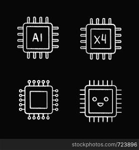 Processors chalk icons set. Chip, integrated circuit for ai system, smiling microprocessor, quad core processor. Isolated vector chalkboard illustrations. Processors chalk icons set