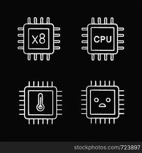 Processors chalk icons set. Octa core, CPU processors, microprocessor temperature, sad chip. Isolated vector chalkboard illustrations. Processors chalk icons set