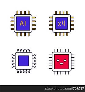 Processors color icon. Chip, integrated circuit for ai system, smiling microprocessor, quad core processor. Isolated vector illustration. Processors color icon