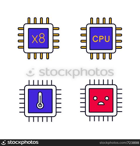 Processors color icon. Octa core, CPU processors, microprocessor temperature, sad chip. Isolated vector illustration. Processors color icon