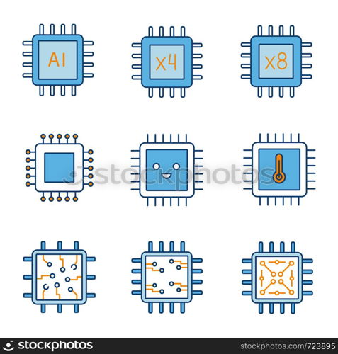 Processors color icons set. AI chip, quad, octa core processors, integrated circuit, microprocessor temperature, smiling chip. Isolated vector illustrations. Processors color icons set