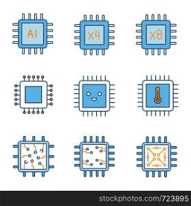 Processors color icons set. AI chip, quad, octa core processors, integrated circuit, microprocessor temperature, smiling chip. Isolated vector illustrations. Processors color icons set