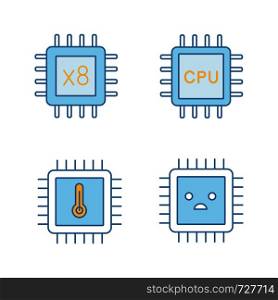 Processors color icons set. Octa core, CPU processors, microprocessor temperature, sad chip. Isolated vector illustrations. Processors color icons set