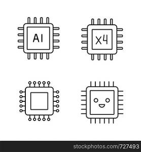 Processors linear icons set. Chip, integrated circuit for ai system, smiling microprocessor, quad core processor. Thin line contour symbols. Isolated vector outline illustrations. Editable stroke. Processors linear icons set
