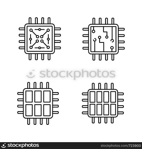 Processors linear icons set. Chip, microprocessor, integrated unit, six and octa core processors. Thin line contour symbols. Isolated vector outline illustrations. Editable stroke. Processors linear icons set