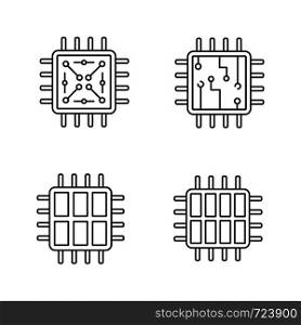 Processors linear icons set. Chip, microprocessor, integrated unit, six and octa core processors. Thin line contour symbols. Isolated vector outline illustrations. Editable stroke. Processors linear icons set