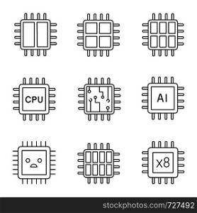 Processors linear icons set. Octa, six, dual, quad core chip, CPU, microprocessor temperature, sad, processor. Thin line symbols. Isolated vector outline illustrations. Editable stroke. Processors linear icons set