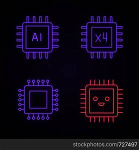 Processors neon light icons set. Chip, integrated circuit for ai system, smiling microprocessor, quad core processor. Glowing signs. Vector isolated illustrations. Processors neon light icons set