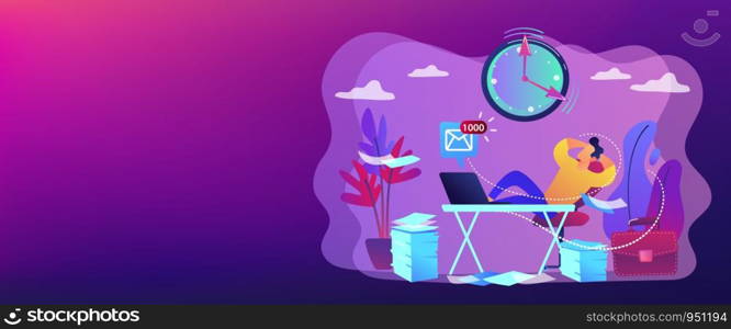 Procrastinating businessman sitting with legs on office desk postponing work. Procrastination, unprofitable time spending, useless pastime concept. Header or footer banner template with copy space.. Procrastination concept banner header.
