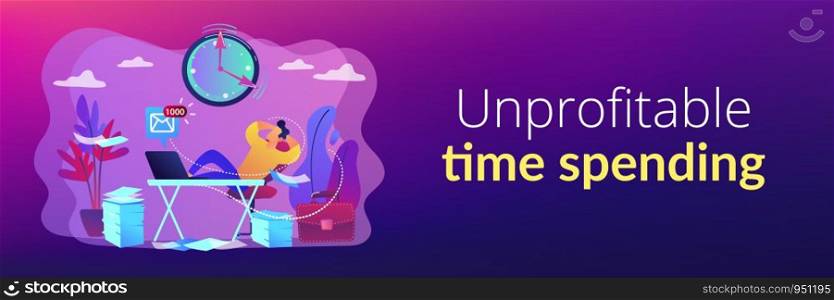 Procrastinating businessman sitting with legs on office desk postponing work. Procrastination, unprofitable time spending, useless pastime concept. Header or footer banner template with copy space.. Procrastination concept banner header.