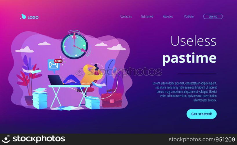 Procrastinating businessman sitting with legs on office desk postponing work. Procrastination, unprofitable time spending, useless pastime concept. Website vibrant violet landing web page template.. Procrastination concept landing page.