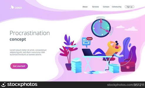 Procrastinating businessman sitting with legs on office desk postponing work. Procrastination, unprofitable time spending, useless pastime concept. Website vibrant violet landing web page template.. Procrastination concept landing page.