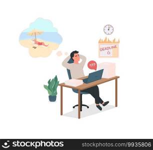 Procrastinating employee flat color vector detailed character. Urgent deadlines at work. Lazy man in office dreaming. Bad habit isolated cartoon illustration for web graphic design and animation. Procrastinating employee flat color vector detailed character